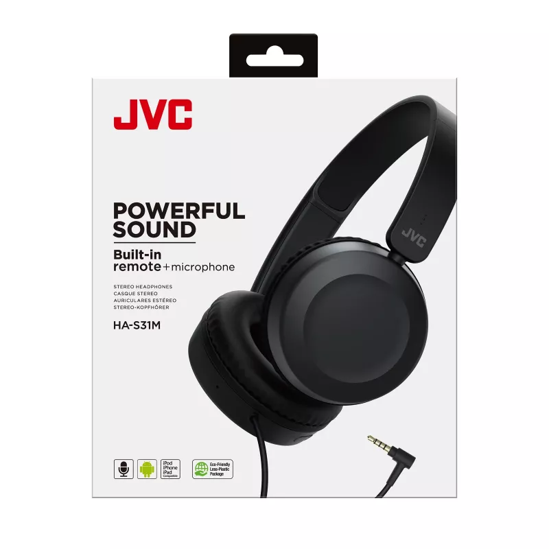 JVC Powerful Sound Wired On Ear Black, Przewodowe, 10 - 26000 Hz, Rozmowy/Muzyka, 140 g, Słuchawki, Czarny