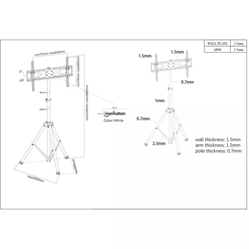 Manhattan Tripod Floor Mount do TV i monitorów, zestaw stojaka, Do ekranów: 37 inch do 65 inch, Kompatybilność VESA: wszystkie między 200x200 a 600x400mm – sprawdź wymiary czterech otworów montażowych z tyłu ekranu, aby upewnić się, że pasuje, Maks. 35kg, Czarny, LFD, Uchwyt