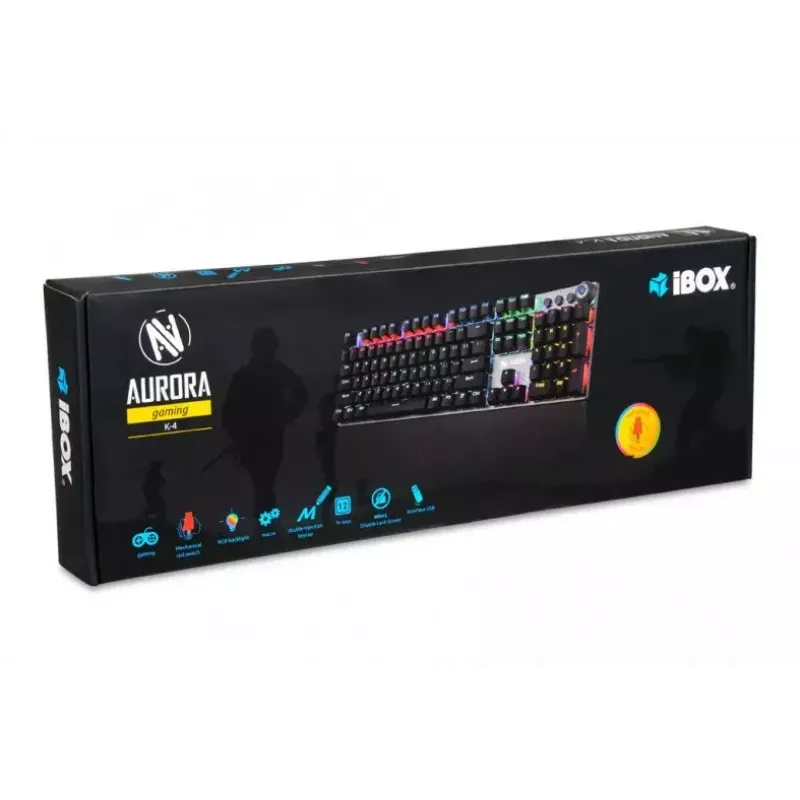 Przewodowa mechaniczna klawiatura gamingowa IBOX AURORA K-4 — QWERTY, 108 klawiszy, regulowane podświetlenie LED, wodoodporna, USB, kabel 1,6 m