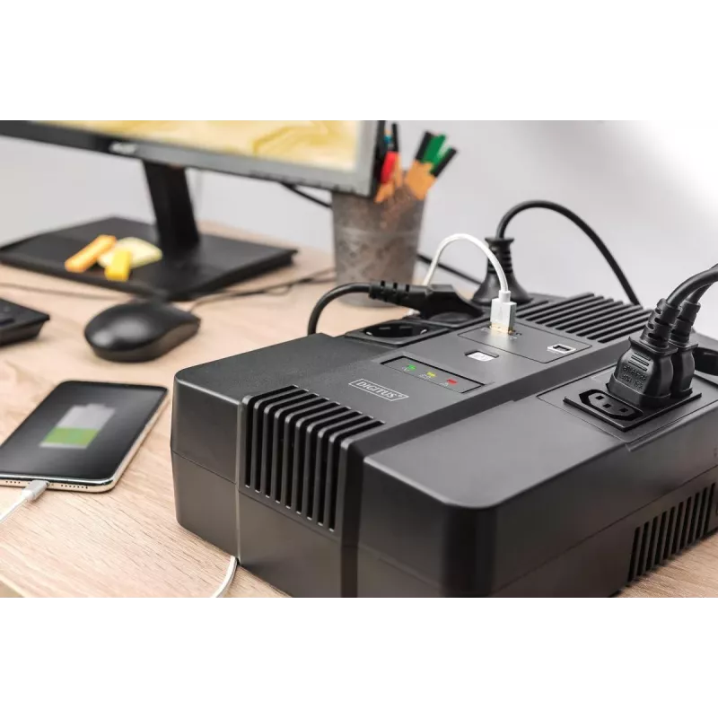 DIGITUS ALLINONE UPS 600VA/360W LED 12V 7AH 4XCEE 7/7 3XIEC C13 USB RJ45