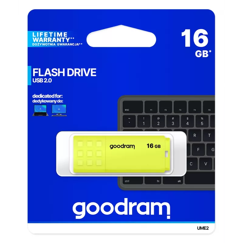 Pamięć USB GOODRAM UME2 16 GB, USB 2.0 Type-A, żółta, 51×21 mm