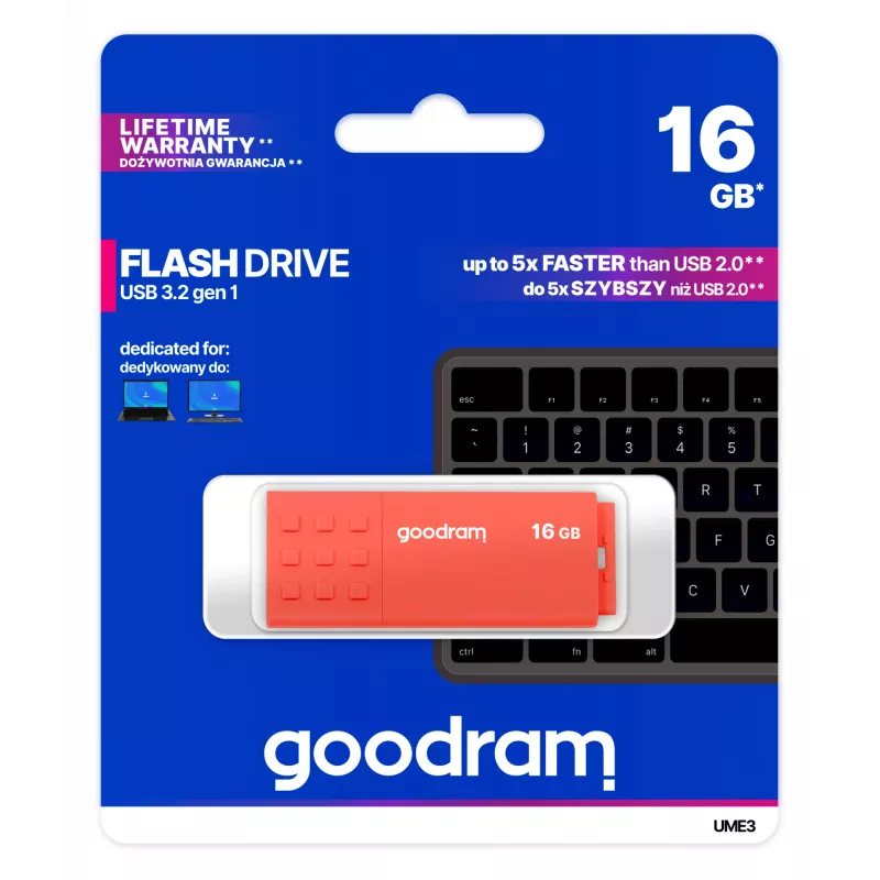 pamięć USB GOODRAM UME3 16 GB USB Type-A 3.2 Gen 1 (pomarańczowa), obudowa z tworzywa bez zatyczki, 60/20 MB/s
