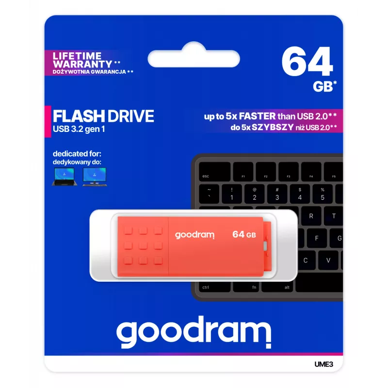 Pamięć USB GOODRAM UME3 64GB USB Type-A 3.2 Gen 1, pomarańczowa, odczyt 60MB/s, zapis 20MB/s