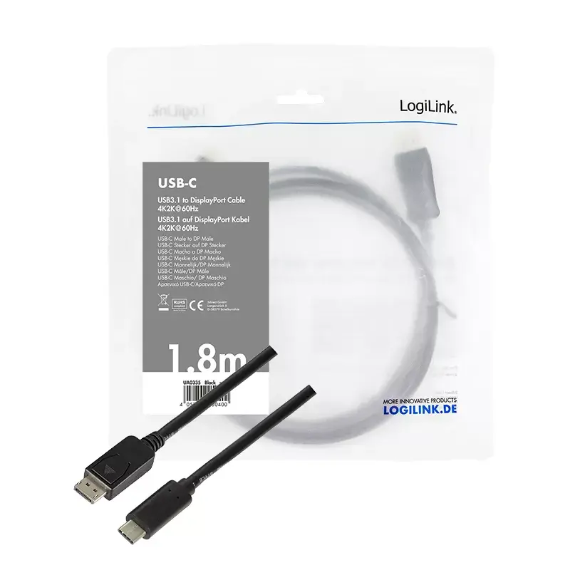 Adapter kablowy wideo LogiLink UA0335 1,8m USB Type-C DisplayPort Czarny