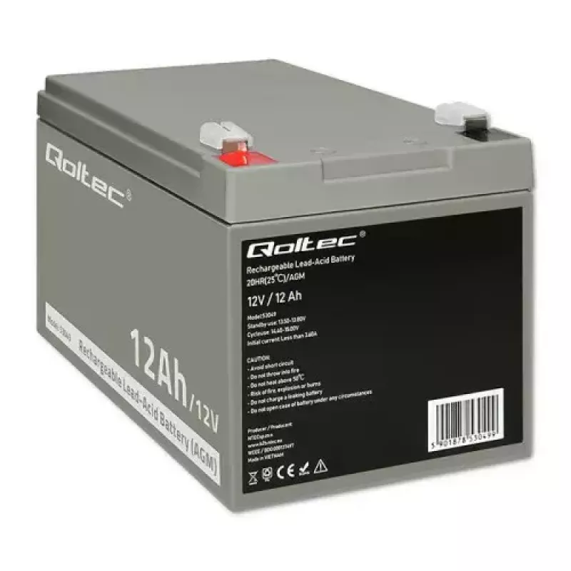 UPS battery QOLTEC 53049, VRLA AGM 12 V 12 Ah, szary, 150×98×95 mm