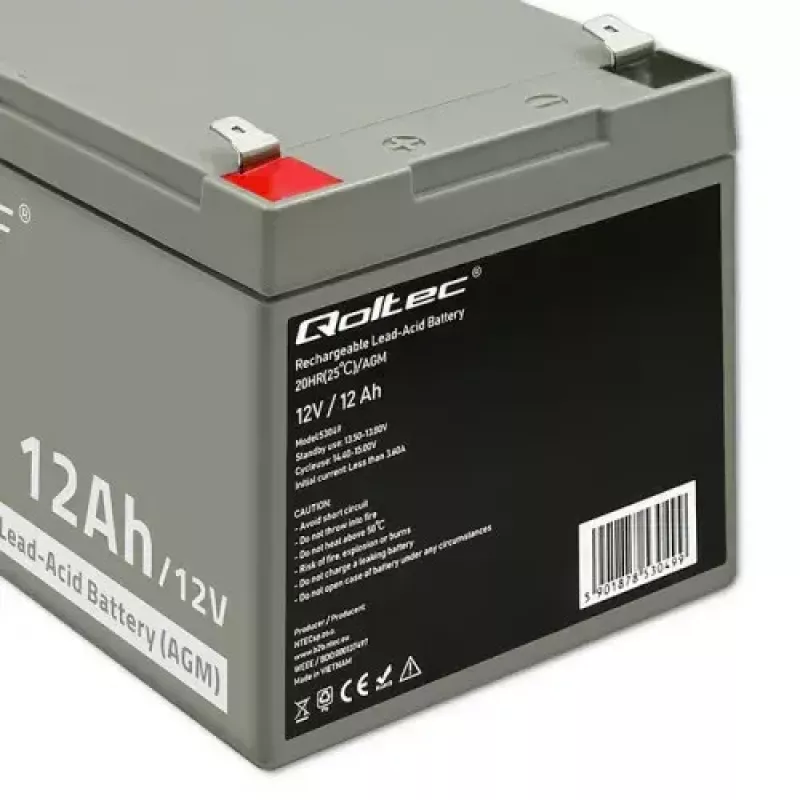 UPS battery QOLTEC 53049, VRLA AGM 12 V 12 Ah, szary, 150×98×95 mm