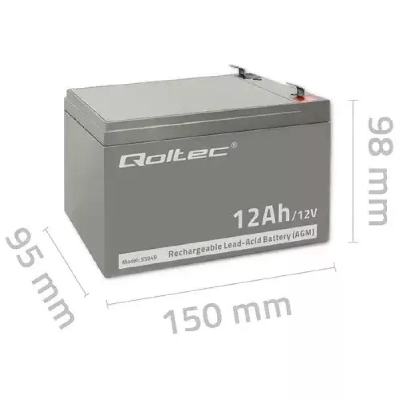 UPS battery QOLTEC 53049, VRLA AGM 12 V 12 Ah, szary, 150×98×95 mm