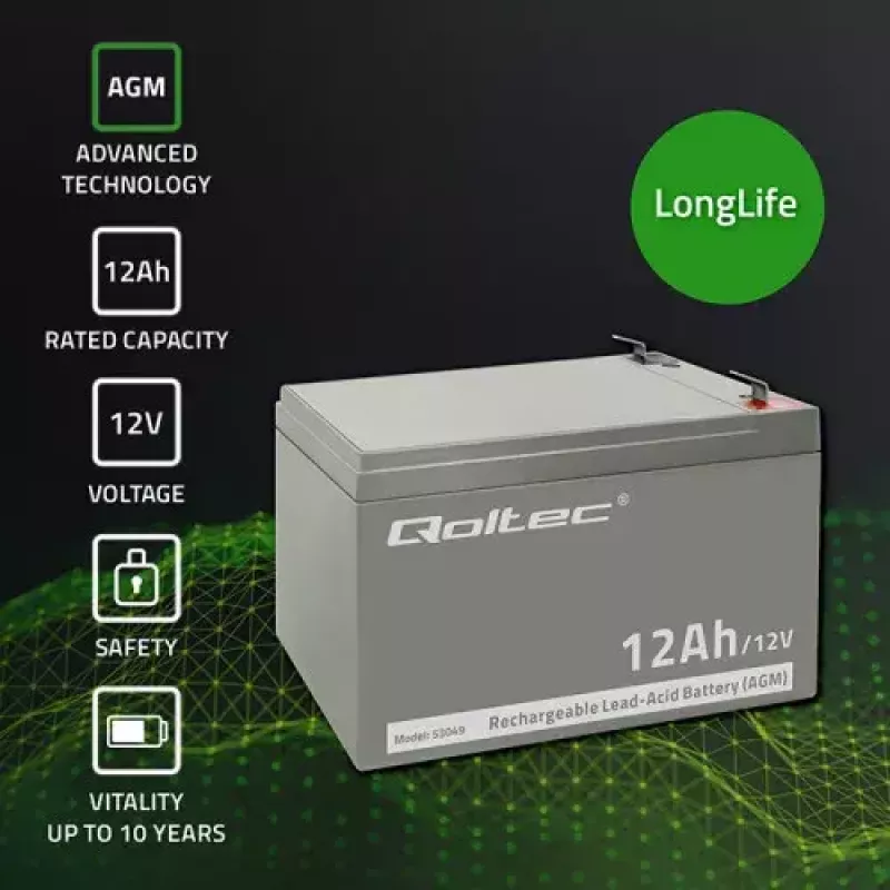 UPS battery QOLTEC 53049, VRLA AGM 12 V 12 Ah, szary, 150×98×95 mm