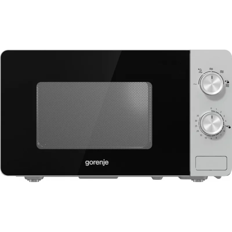 Kuchenka mikrofalowa solo Gorenje MO20E1S — 20 l, 800 W, sterowanie obrotowe, talerz obrotowy 270 mm, stal nierdzewna/czarny