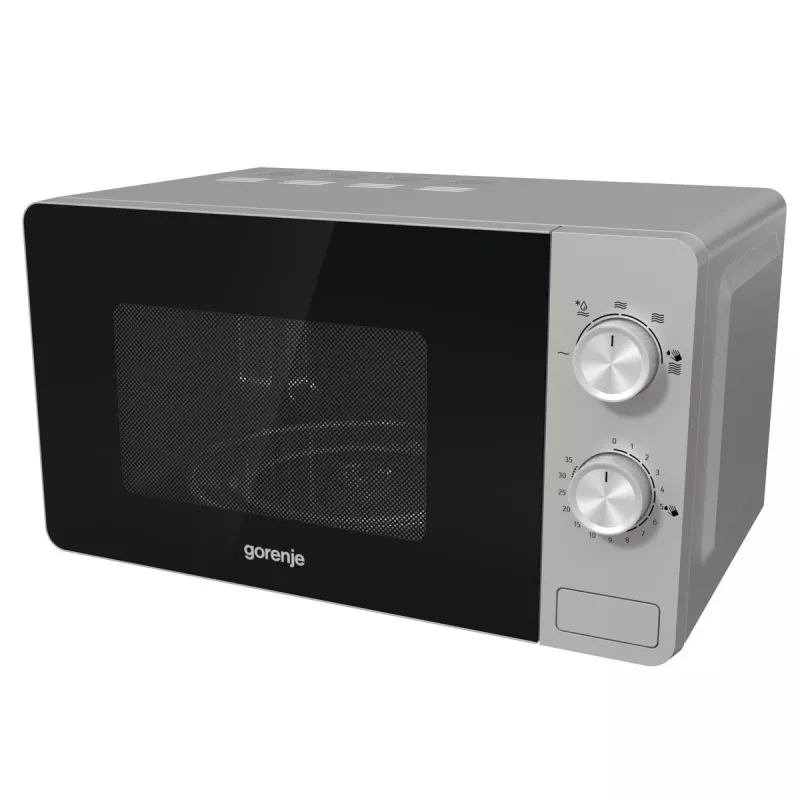 Kuchenka mikrofalowa solo Gorenje MO20E1S — 20 l, 800 W, sterowanie obrotowe, talerz obrotowy 270 mm, stal nierdzewna/czarny