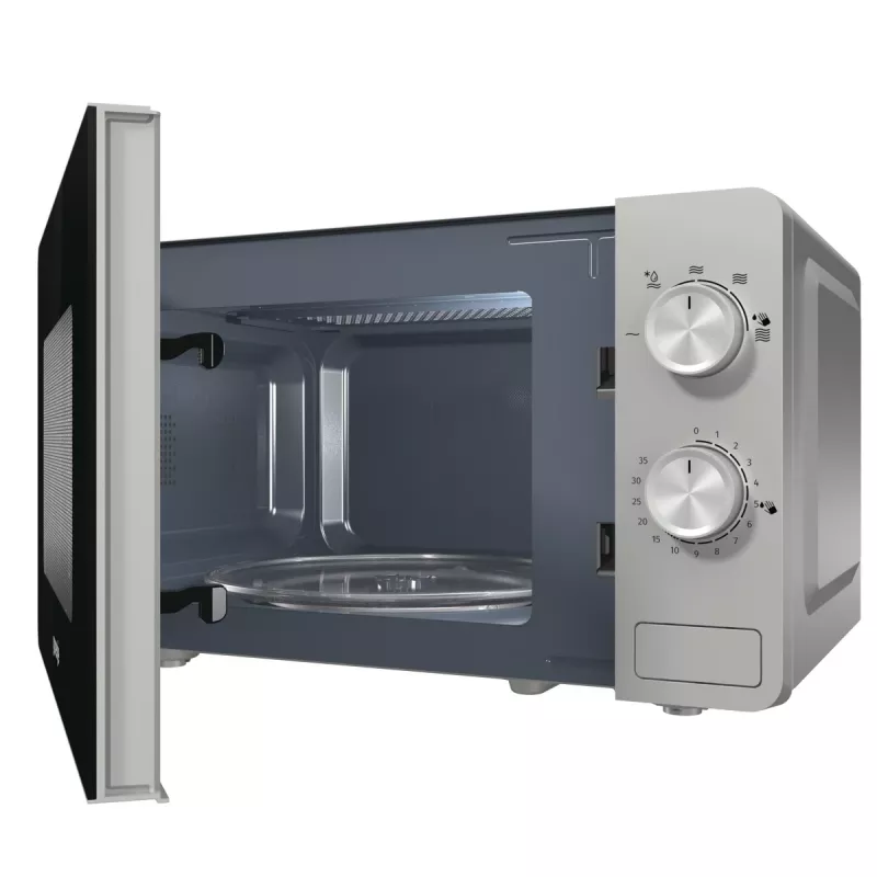 Kuchenka mikrofalowa solo Gorenje MO20E1S — 20 l, 800 W, sterowanie obrotowe, talerz obrotowy 270 mm, stal nierdzewna/czarny