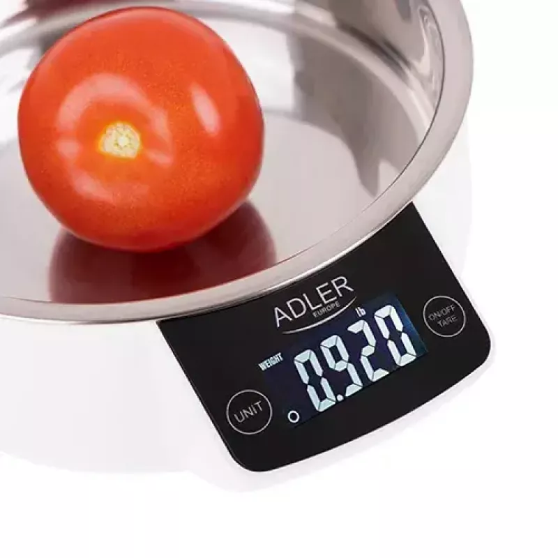 Elektroniczna waga kuchenna Adler AD 3166 – pojemność 5 kg, dokładność 1 g, miska ze stali nierdzewnej 0,9 l, LCD, timer