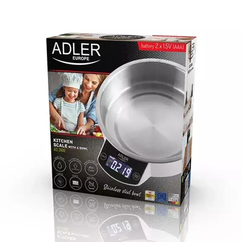 Elektroniczna waga kuchenna Adler AD 3166 – pojemność 5 kg, dokładność 1 g, miska ze stali nierdzewnej 0,9 l, LCD, timer