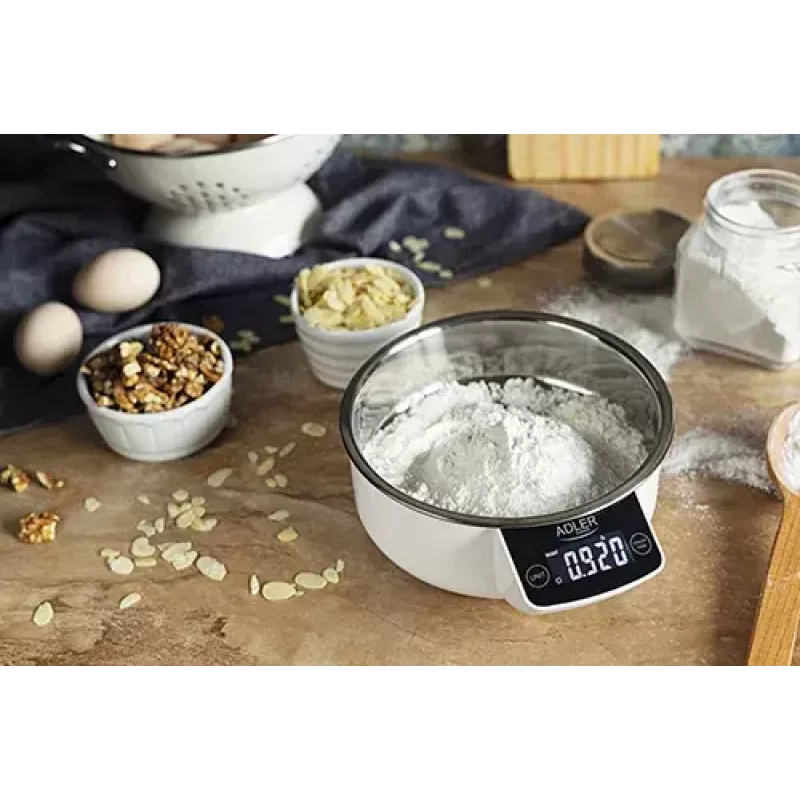 Elektroniczna waga kuchenna Adler AD 3166 – pojemność 5 kg, dokładność 1 g, miska ze stali nierdzewnej 0,9 l, LCD, timer