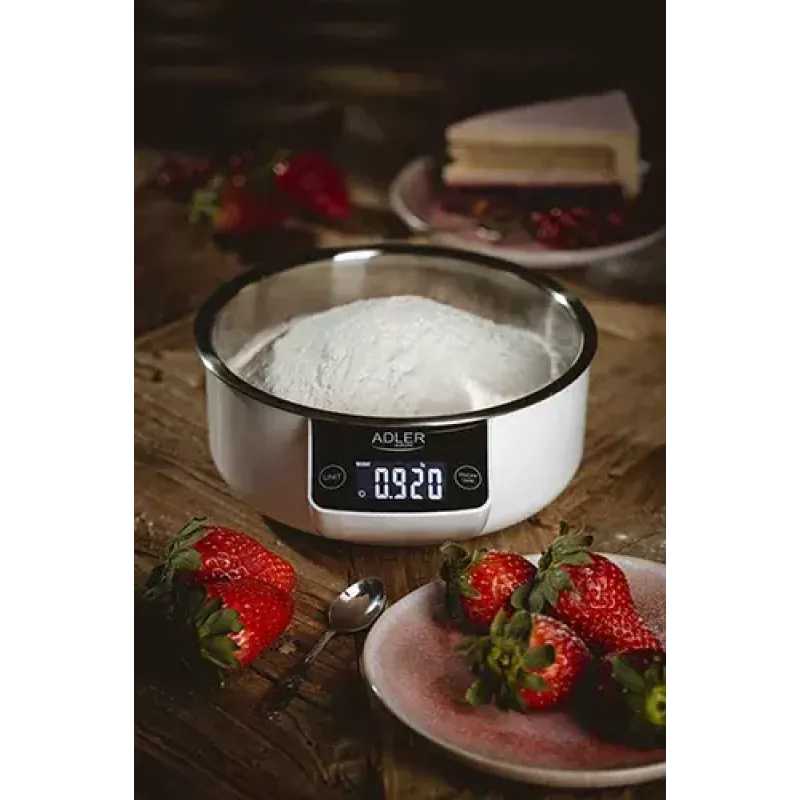 Elektroniczna waga kuchenna Adler AD 3166 – pojemność 5 kg, dokładność 1 g, miska ze stali nierdzewnej 0,9 l, LCD, timer