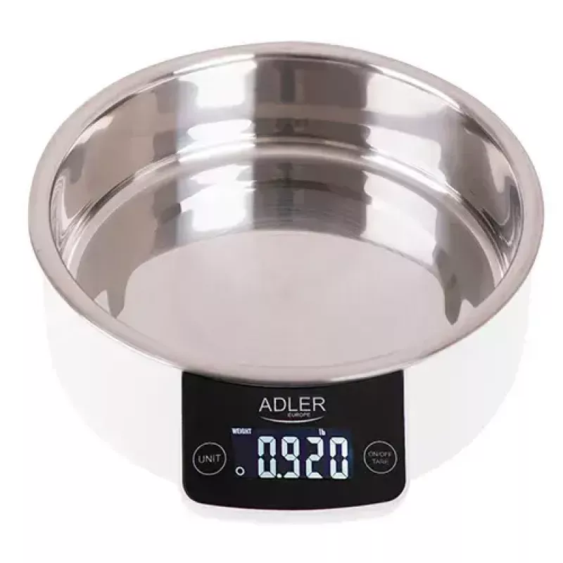 Elektroniczna waga kuchenna Adler AD 3166 – pojemność 5 kg, dokładność 1 g, miska ze stali nierdzewnej 0,9 l, LCD, timer