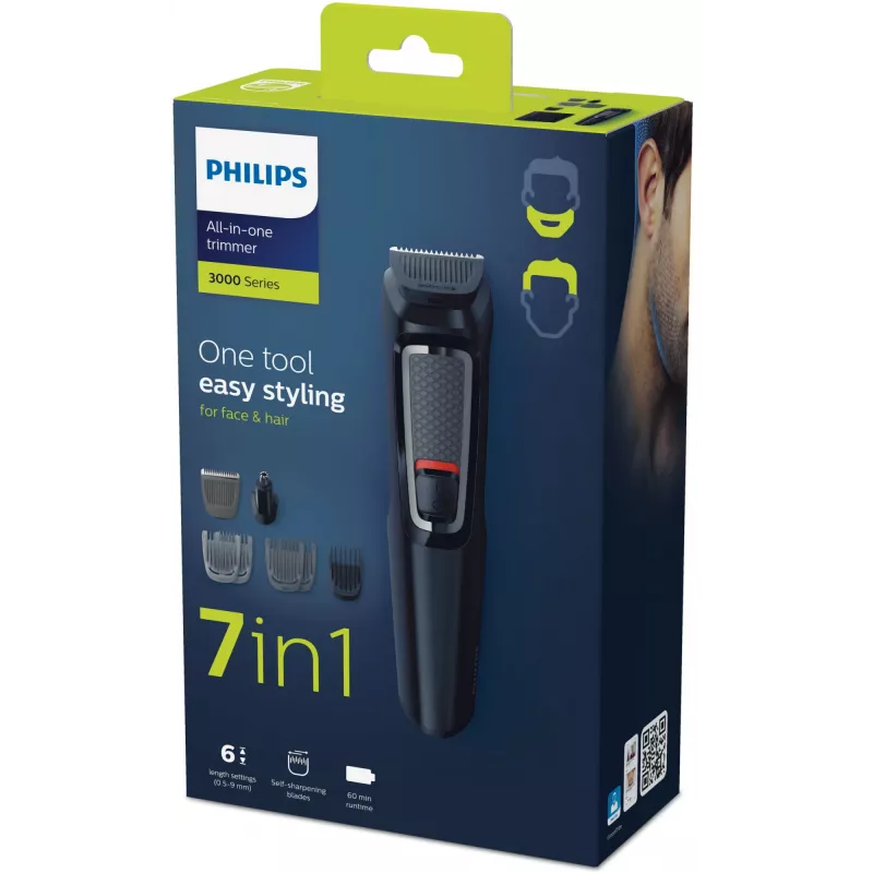 Trymer wielofunkcyjny Philips MG3720/15 7 w 1 — 7 nasadek, ostrza ze stali nierdzewnej, 60 min pracy, akumulator NiMH, czarny