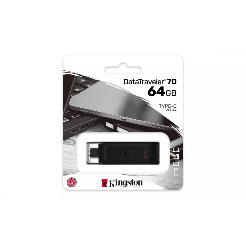 Kingston Technology DataTraveler 64GB USB-C 3.2 Gen 1 70, 64 GB, USB Type-C, 3.2 Gen 1 (3.1 Gen 1), Cap, 7 g, Czarny