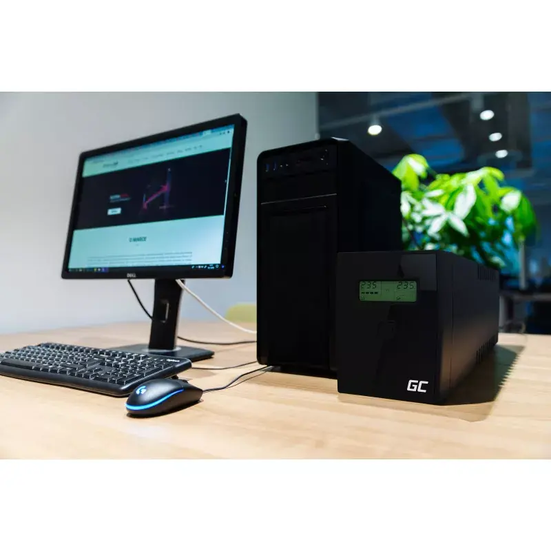 Zasilacz bezprzerwowy zielony Cell UPS08 — Line-Interactive 700 W / 230 V, 4× gniazda IEC, USB, RJ-45, akumulator 12 V 7 Ah, wieża, czarny