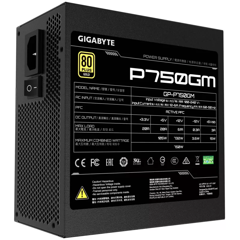 Gigabyte P750GM Zasilacz 750 W Sprawność 80 PLUS GOLD, PFC Aktywny, MTBF 100000 godzin