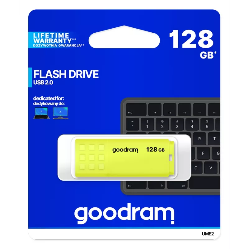 Pamięć USB GOODRAM UME2 128 GB USB 2.0 Type-A, żółta, 21×51 mm