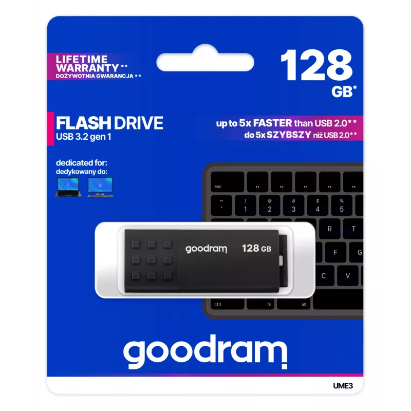 Pamięć USB GOODRAM UME3 128 GB USB Type-A 3.2 Gen 1 (czarna, odczyt 60 MB/s, zapis 20 MB/s)