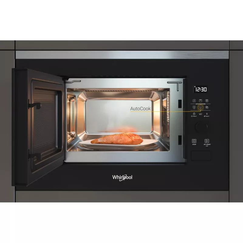 Kuchenka mikrofalowa z grillem do zabudowy WHIRLPOOL WMF201G, 800 W, 20 l, stal nierdzewna/czarny
