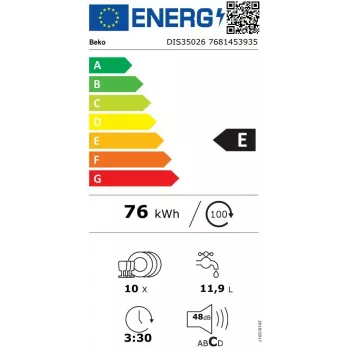 Zmywarka do zabudowy BEKO DIS35026 — wąska 45 cm, 10 kompletów, 48 dB, 5 programów, klasa energetyczna E