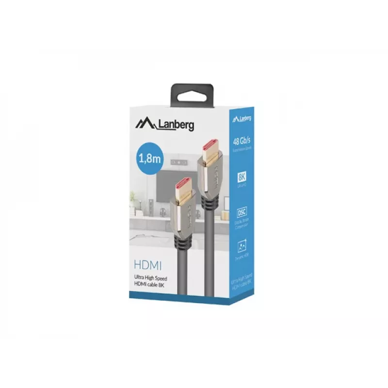 Kabel HDMI LANBERG CA-HDMI-30CU-0018-BK — HDMI 2.1, 1.8 m, 48 Gbit/s, 7680×4320, 240 Hz, ARC, eARC/Ethernet