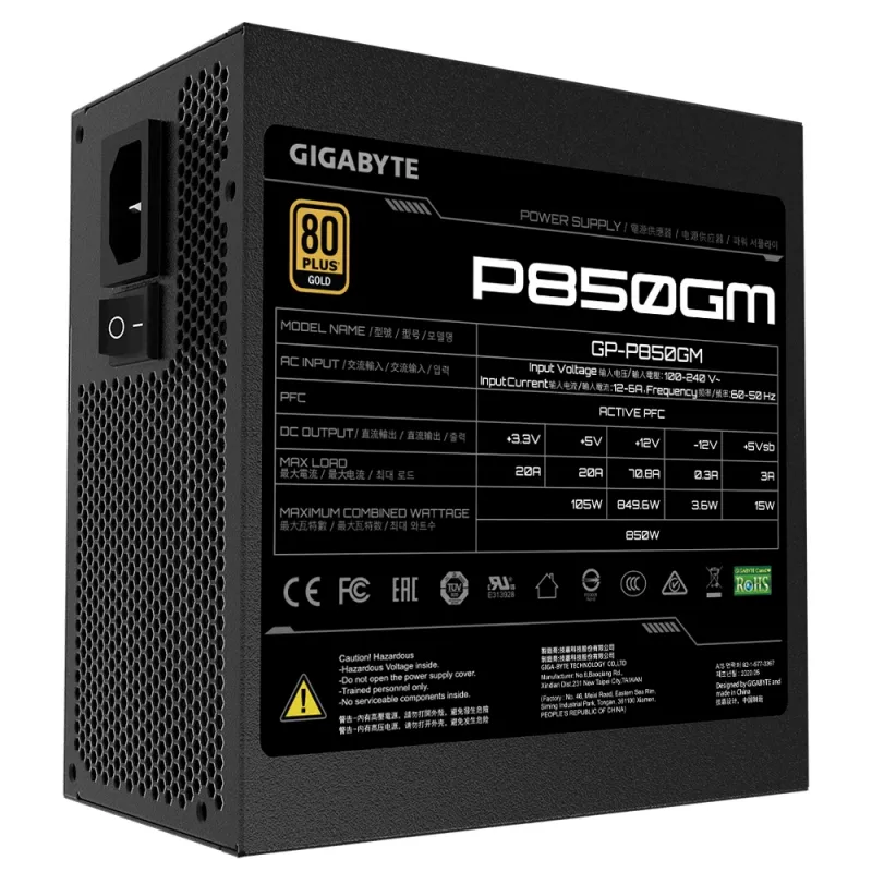 Zasilacz GIGABYTE P850GM 850 W 20+4 pin ATX ATX Czarny