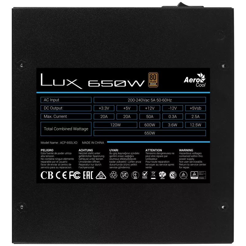 Zasilacz Aerocool LUX650 650W 80 Plus Bronze 230V 88% Sprawności Czarny