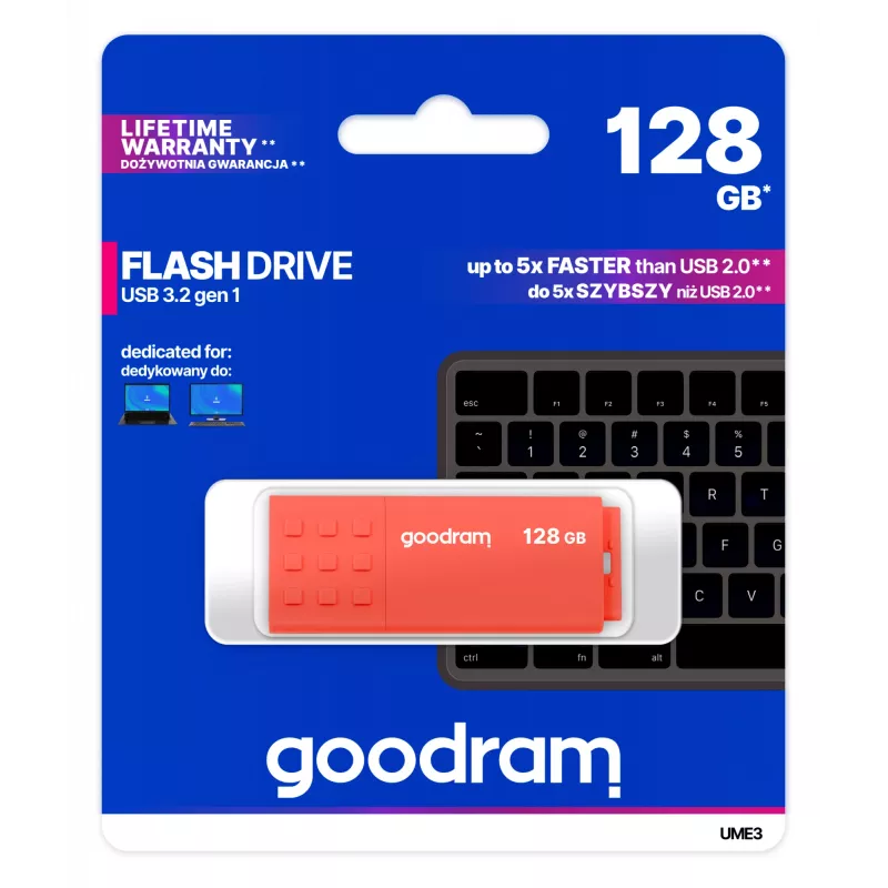 Pamięć USB GOODRAM UME3 128 GB USB Type-A 3.2 Gen 1, pomarańczowa, bez zatyczki, 60/20 MB/s