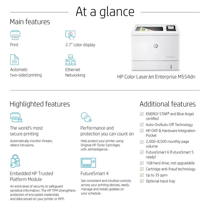 Drukarka HP Color LaserJet Enterprise M554dn, Laser, Kolor, 1200 x 1200 DPI, A4, 33 str./min, Drukowanie dwustronne