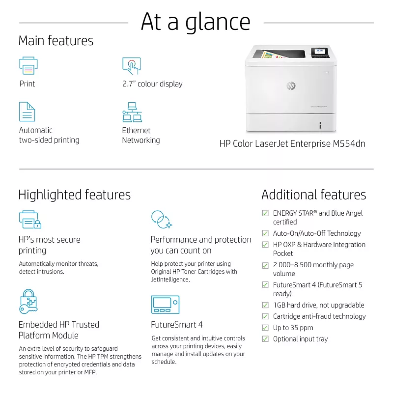 Drukarka HP Color LaserJet Enterprise M554dn, Laser, Kolor, 1200 x 1200 DPI, A4, 33 str./min, Drukowanie dwustronne