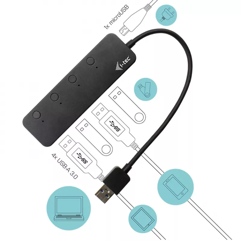 USB Hub i-tec USB 3.0 Metal HUB 4 Port z indywidualnymi przełącznikami On/Off