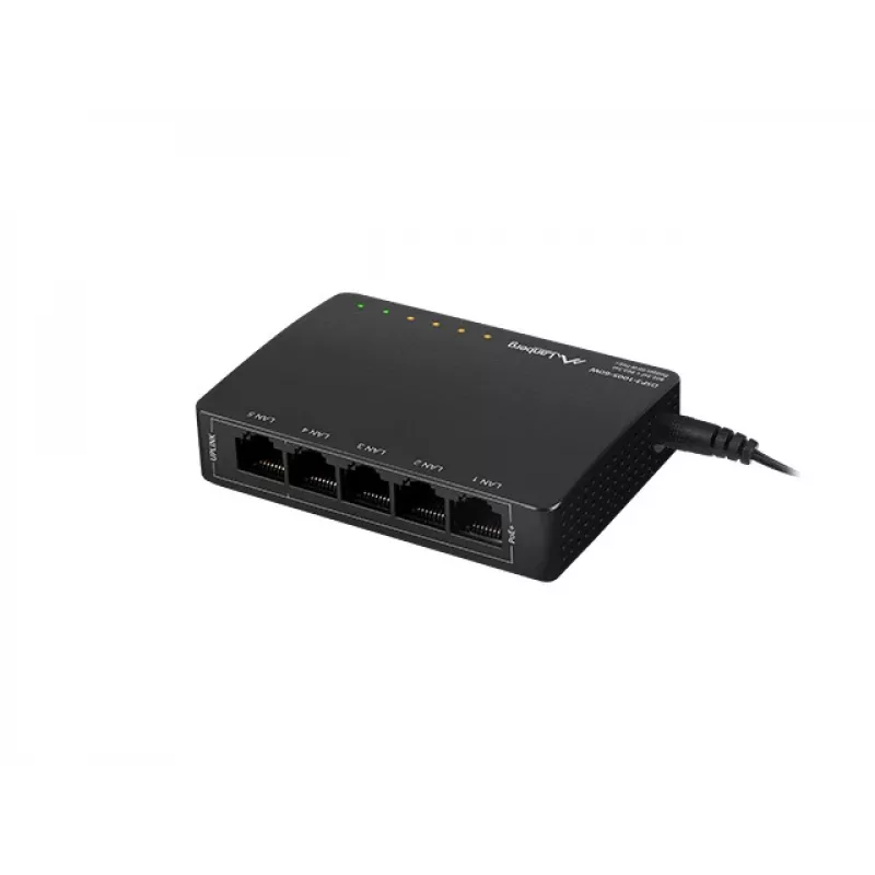 Niezarządzalny przełącznik sieciowy LANBERG DSP3-1005-60W, 5x Gigabit RJ-45, 4x PoE+ (60 W łącznie), przełączanie 10 Gbit/s