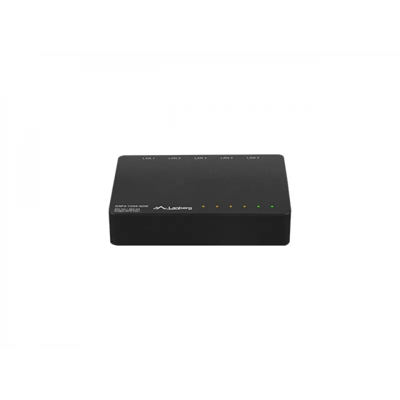 Niezarządzalny przełącznik sieciowy LANBERG DSP3-1005-60W, 5x Gigabit RJ-45, 4x PoE+ (60 W łącznie), przełączanie 10 Gbit/s