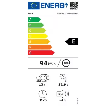 Zmywarka do zabudowy BEKO DIN35320 — 13 kompletów, 60 cm, 48 dB, 5 programów, klasa E
