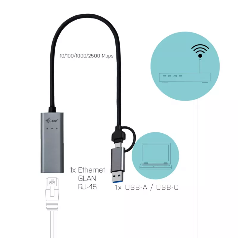 Adapter “i-tec Metal USB-C/USB-A 2.5Gbps Ethernet”, przewodowy, USB Type-A/USB Type-C, Ethernet, 2500 Mbit/s, szary