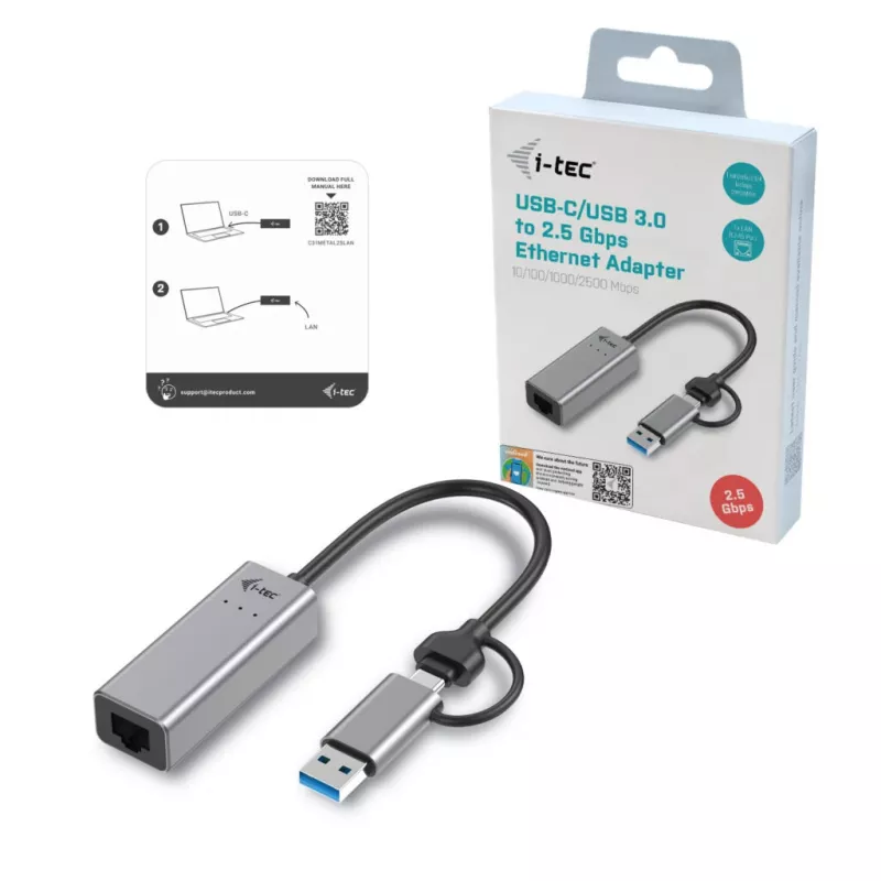 Adapter “i-tec Metal USB-C/USB-A 2.5Gbps Ethernet”, przewodowy, USB Type-A/USB Type-C, Ethernet, 2500 Mbit/s, szary