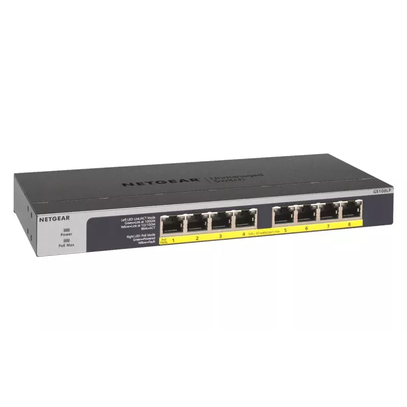 NETGEAR GS108LP Niezarządzalny Gigabit Ethernet (10/100/1000) Power over Ethernet (PoE) 1U Czarny, Szary