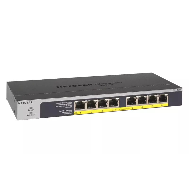 NETGEAR GS108LP Niezarządzalny Gigabit Ethernet (10/100/1000) Power over Ethernet (PoE) 1U Czarny, Szary