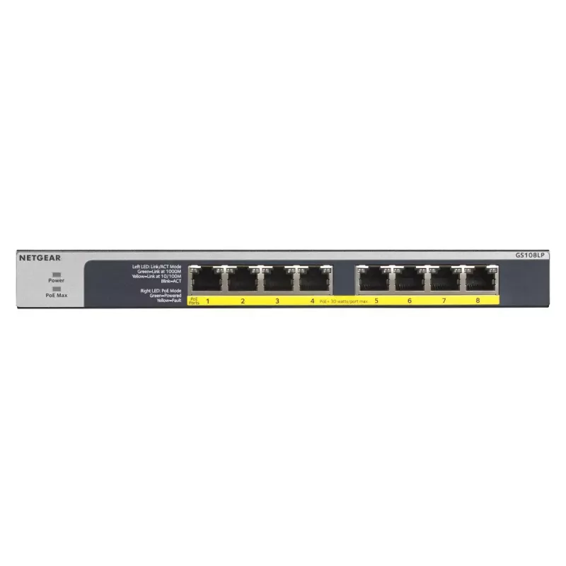 NETGEAR GS108LP Niezarządzalny Gigabit Ethernet (10/100/1000) Power over Ethernet (PoE) 1U Czarny, Szary