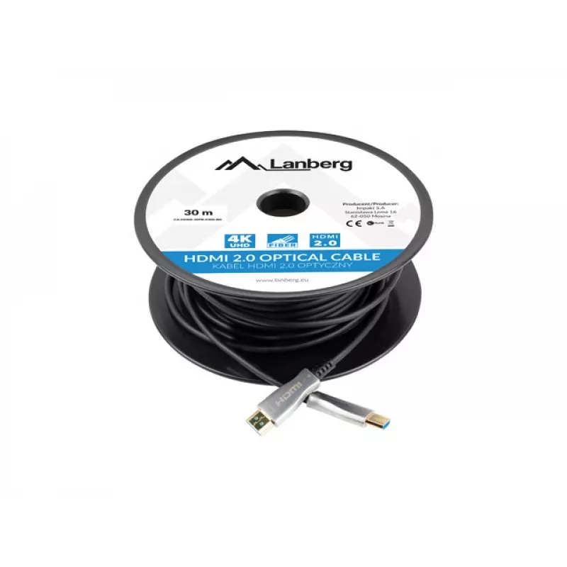 Kabel HDMI LANBERG CA-HDMI-20FB-0300-BK — 30 m, wtyk HDMI typu A męski do męskiego, HDMI 2.0, 18 Gbit/s, 4K@144 Hz, HDR, ARC, Ethernet, czarny