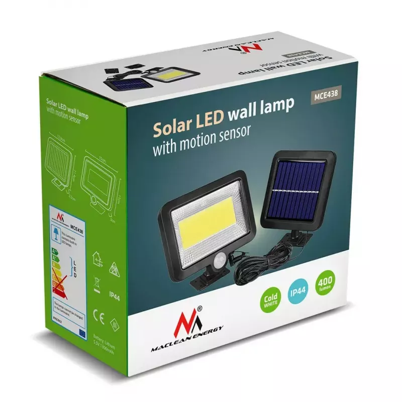 Zewnętrzny solarny naświetlacz LED MACLEAN MCE438, 5W, 400 lm, IP44, Li-Ion 5,2V, montaż naścienny, światło białe, czarny