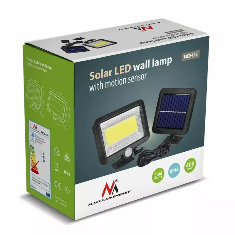 Zewnętrzny solarny naświetlacz LED MACLEAN MCE438, 5W, 400 lm, IP44, Li-Ion 5,2V, montaż naścienny, światło białe, czarny