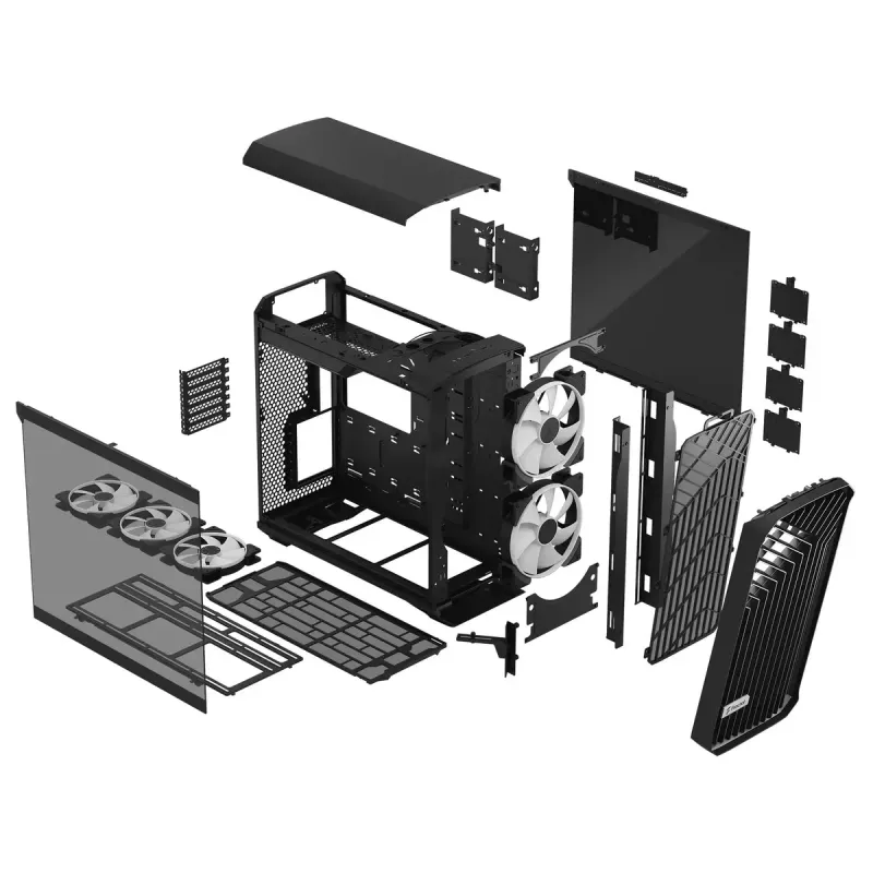Obudowa PC Tower Fractal Design Torrent Tower Black — obsługuje ATX/EATX/ITX, 2x wentylatory 180mm z przodu, 2x zatoki 3,5 cala, 4x zatoki 2,5 cala, szkło hartowane