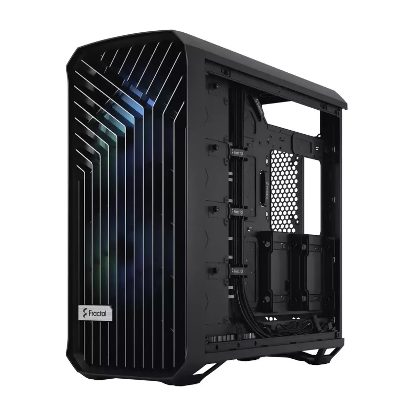 Obudowa PC Tower Fractal Design Torrent Tower Black — obsługuje ATX/EATX/ITX, 2x wentylatory 180mm z przodu, 2x zatoki 3,5 cala, 4x zatoki 2,5 cala, szkło hartowane