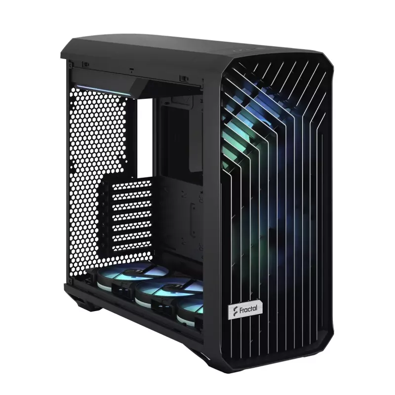 Obudowa PC Tower Fractal Design Torrent Tower Black — obsługuje ATX/EATX/ITX, 2x wentylatory 180mm z przodu, 2x zatoki 3,5 cala, 4x zatoki 2,5 cala, szkło hartowane