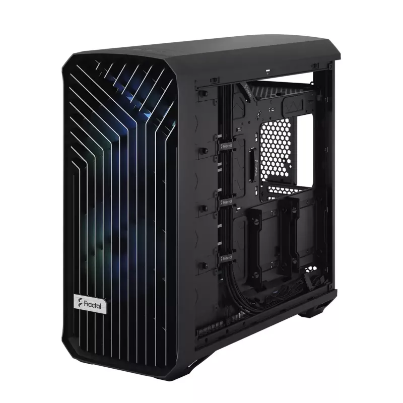 Obudowa PC Tower Fractal Design Torrent Tower Black — obsługuje ATX/EATX/ITX, 2x wentylatory 180mm z przodu, 2x zatoki 3,5 cala, 4x zatoki 2,5 cala, szkło hartowane